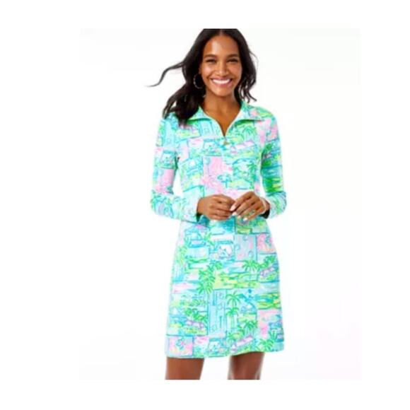 Lilly Pulitzer Claudia UPF 50+ fabric, High Tide Navy Honda print dress large - Picture 1 of 15